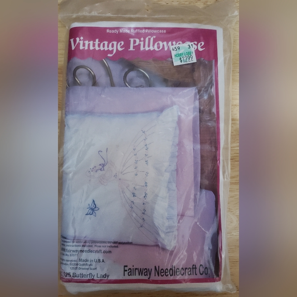 Fairway Needlecraft Co. Stamped Embroidery Pillowcase of a Girl with Butterflies